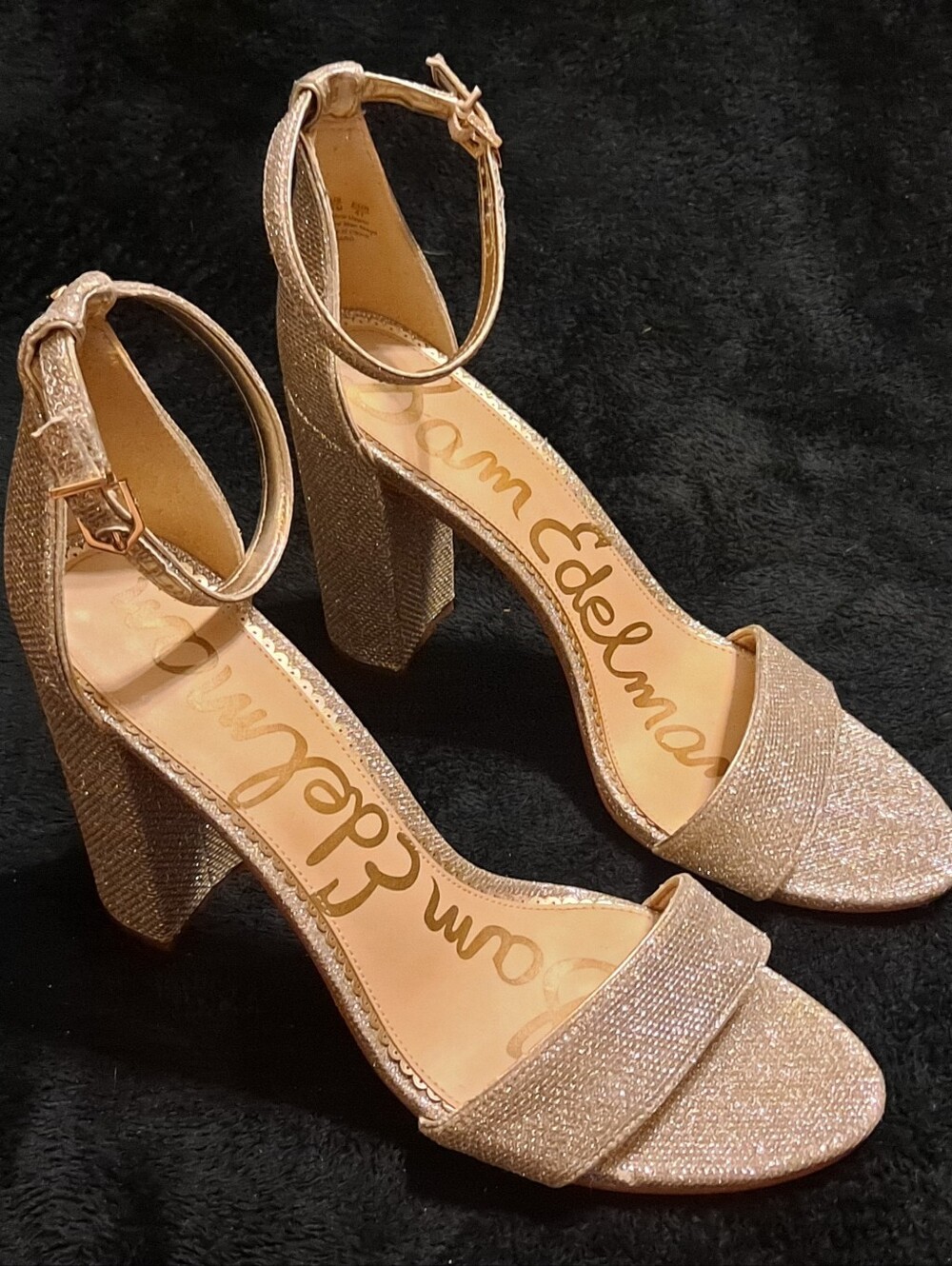 Sam Edelman Rose Gold Glitter Block Heel Sandals with Ankle Strap Sz 11M